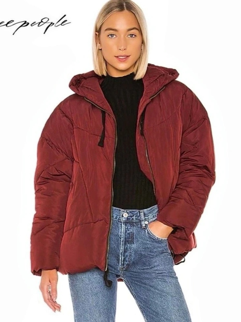 Free People Hailey Puffer Jacket Hooded in Wine burgundy, size M lined pockets